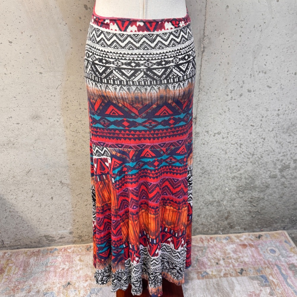 Maria Chiquinha Maxi Dress Womens Small Orange Tribal Geometric Cutout Boho Art - Picture 4 of 7